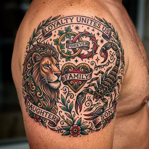 Family Theme Tattoo Design with Lion and Scorpion