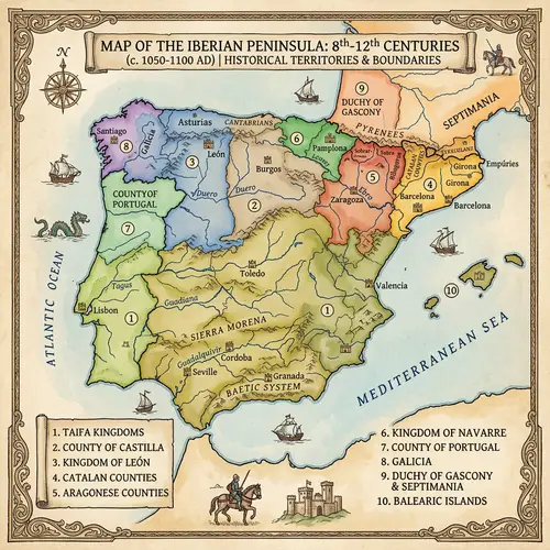 Iberian Peninsula Map: 8th-12th Centuries Territories and Boundaries
