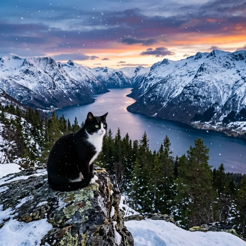 Tuxedo Cat in Nordic Landscape | Serene Fjord