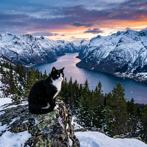 Tuxedo Cat in Nordic Landscape | Serene Fjord View