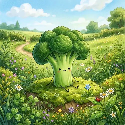 Cute Broccoli Character in Vibrant Green Landscape