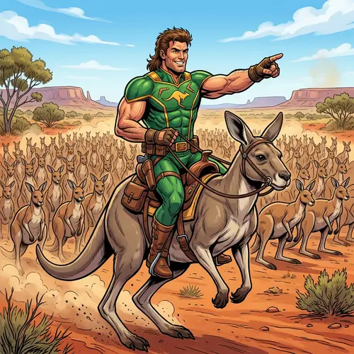 Australian Superhero with Mullet Hairstyle Riding Kangaroo | Impressive Strength
