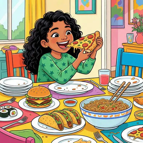 Girl Eating Variety of Foods | Fun Cultural Dining Scene