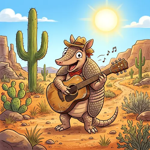 Charming Armadillo Playing Guitar in Texas Desert Scene