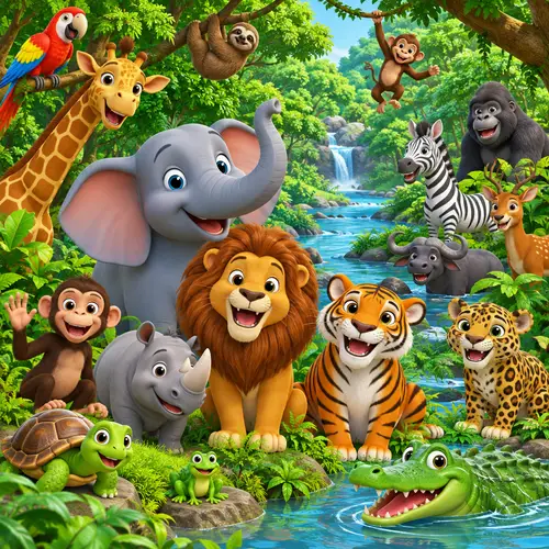 Smiling 3D Jungle Animals: Fun Cartoon Collection