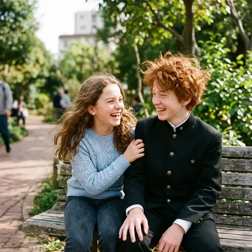 Innocent Laughter: Girl with Brown Hair and Boy in Japanese School Uniform