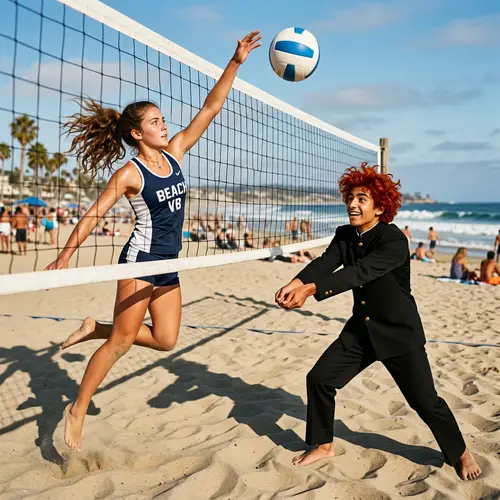 Beach Volleyball Game: Intense Match Between Girl and Boy