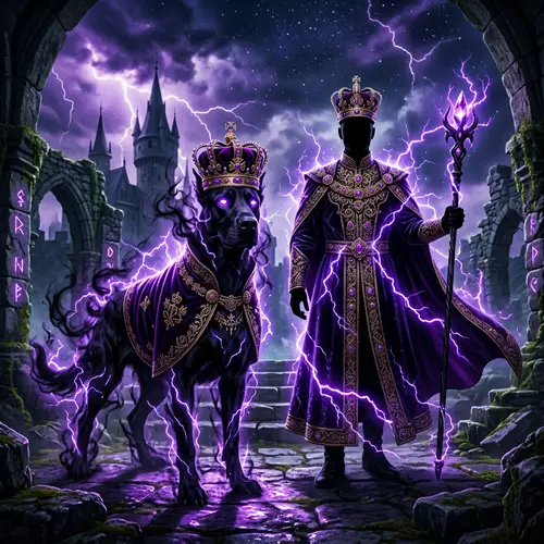 Mystical Shadow Dog and Human Monarchs with Purple Lightning