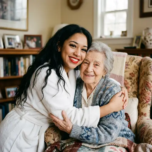 Young Woman in White Robe Hugging Elderly Person | Emotional Scene