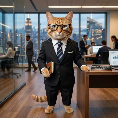 Professional Cat in Black Suit with Smart Glasses