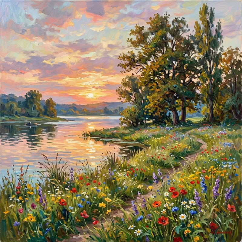 Impressionist Nature Painting: Meadow, Lake, Trees Impressionist Nature Painting: Meadow, Lake, Trees