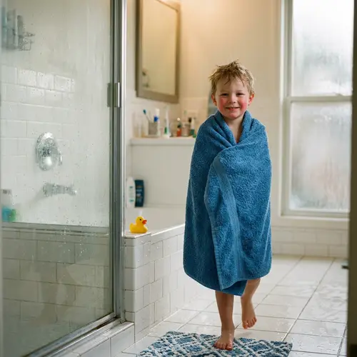 Happy Child Stepping Out of a Shower