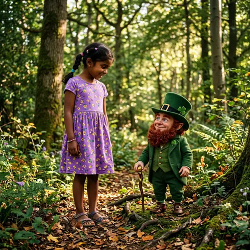 Enchanting Encounter in a Lush Forest - Leprechaun and South Asian Girl