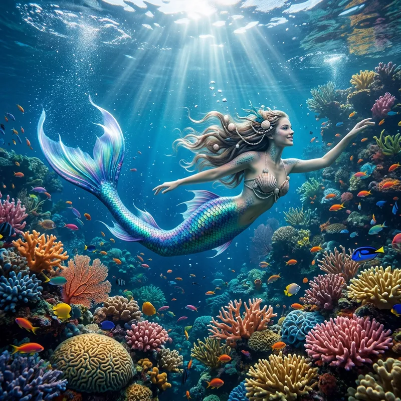 Enchanting Mermaid Among Colorful Coral Reefs | Ethereal Sea Fantasy