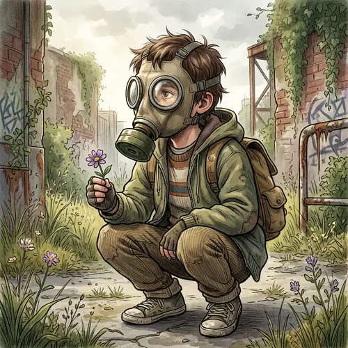 Young Boy Wearing Gas Mask Illustration