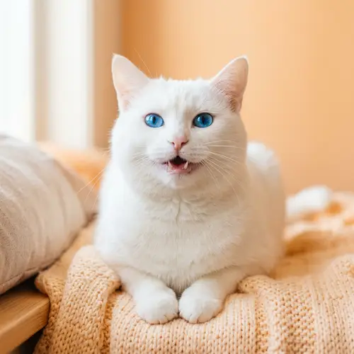 White Cat with Blue Eyes Smiling on Light Orange Background