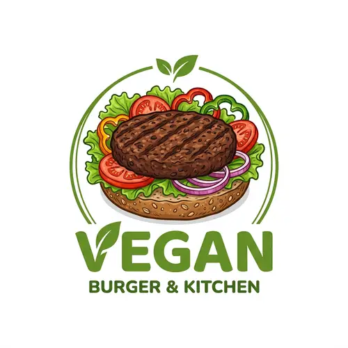 Delicious Vegan Restaurant Logo with Black Bean Patty and Fresh Vegetables