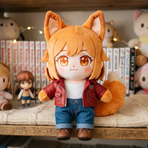 Japanese Animation Style Plush Toy with Orange Eyes and Fox Features