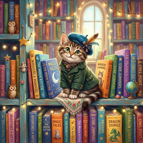 Whimsical Cat Illustration on Cozy Bookshelf