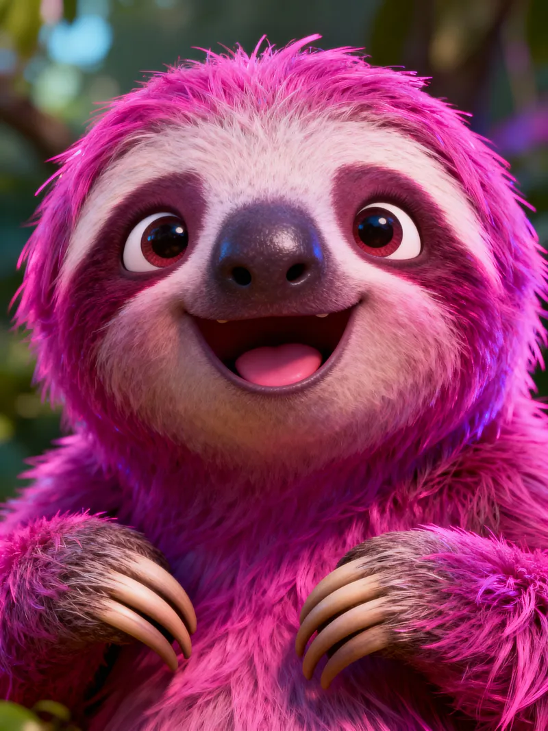 Realistic Neon Pink Sloth with a Happy Face