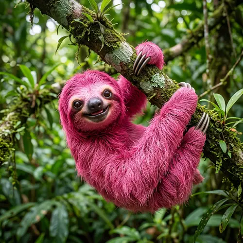 Realistic Neon Pink Sloth with a Happy Face