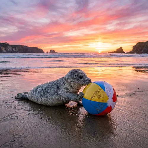 Baby Seal Playing with Beach Ball | Beautiful Sunset View