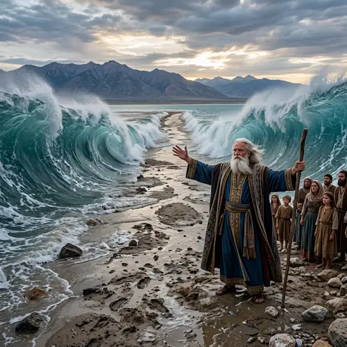 Elderly Religious Figure Parting Great Salt Lake - Hyper-Realistic Image