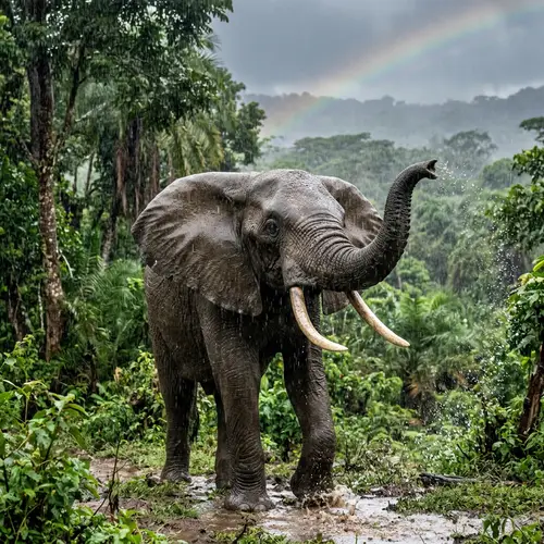 Majestic Elephant Enjoying Rain in Lush Surroundings