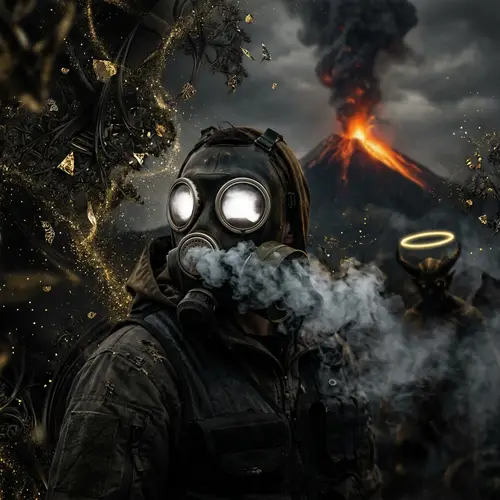 Gas Mask Individual with Smoky Breath and Glowing Eyes