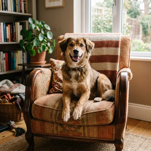 Medium-Sized Dog Sitting Cheerfully on Homely Chair