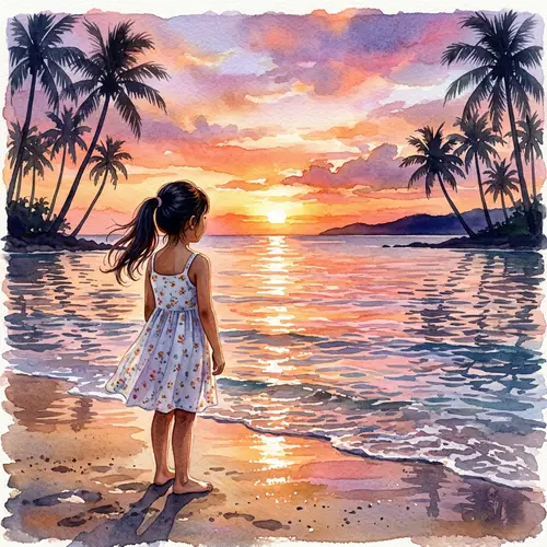 Watercolor Painting of Asian Girl at Sunset | Serene Beach Scene