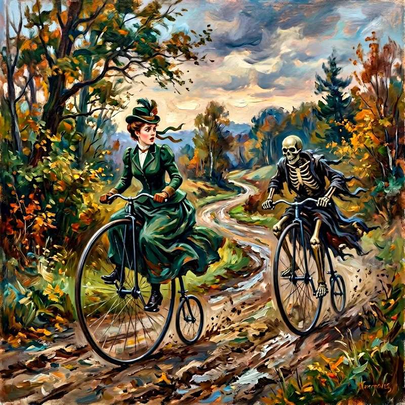 Victorian Woman on Penny Farthing - Chased by Skeleton