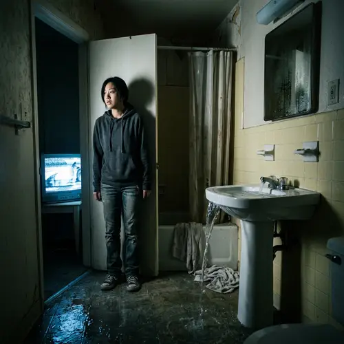 Chilling Bathroom Scene with Spilling Water and TV