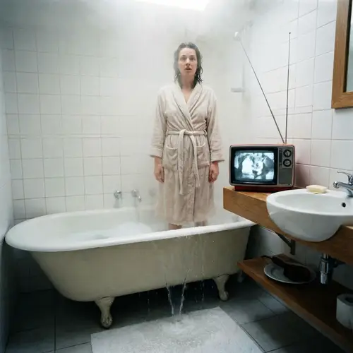 Stylish Bathroom with Wet Accents and Petite TV