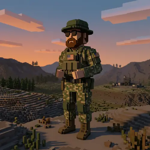 Minimalistic Voxel Art: Army Man with Beard and Sunglasses