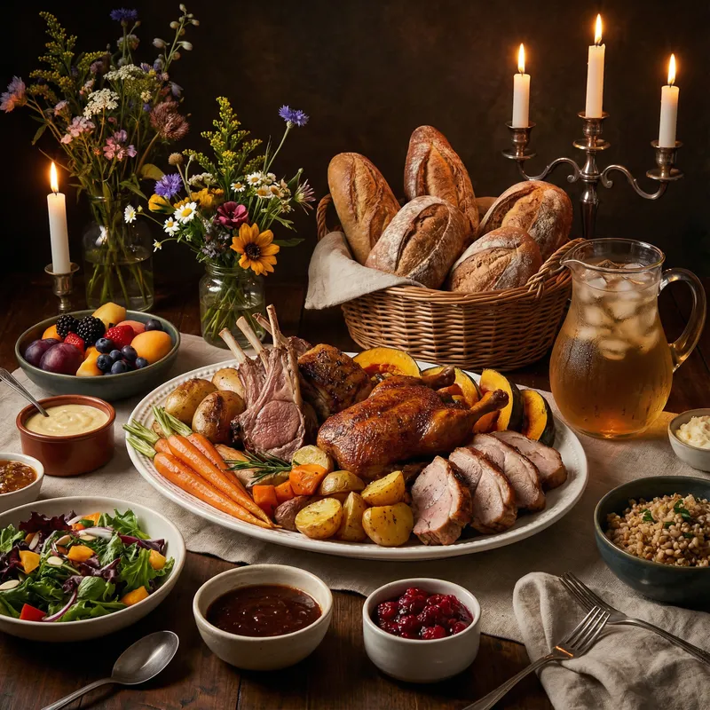 Delicious Meal: Roasted Meats, Colorful Vegetables, Bread Varieties