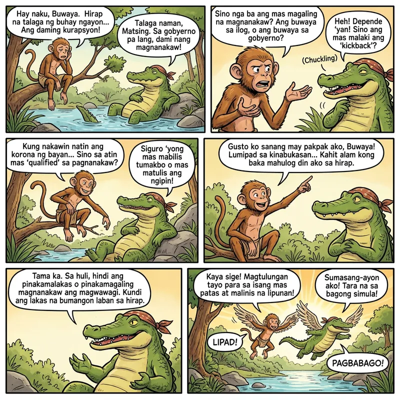 Who's the Better Thief? An Engaging Comic Dialogue on Society's Struggles and Aspirations for Change