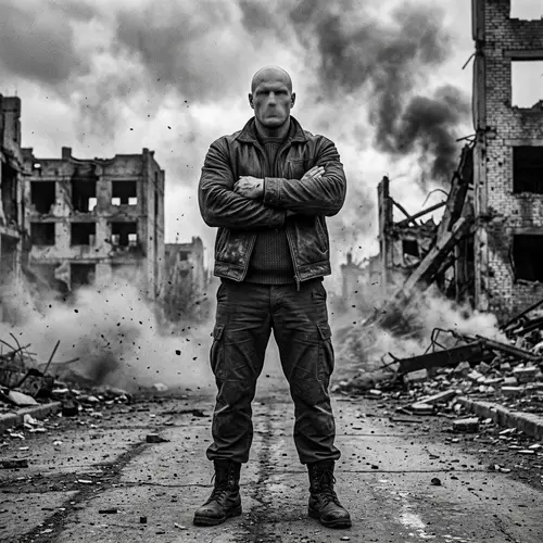Resilient Man in Apocalyptic Scene: Symbol of Defiance