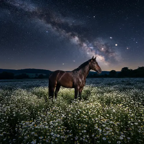Chamomile Field & Majestic Horse Under Starry Sky - 8K Art