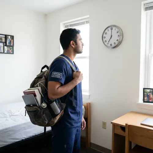 South Asian Nursing Student in Scrubs in Bedroom