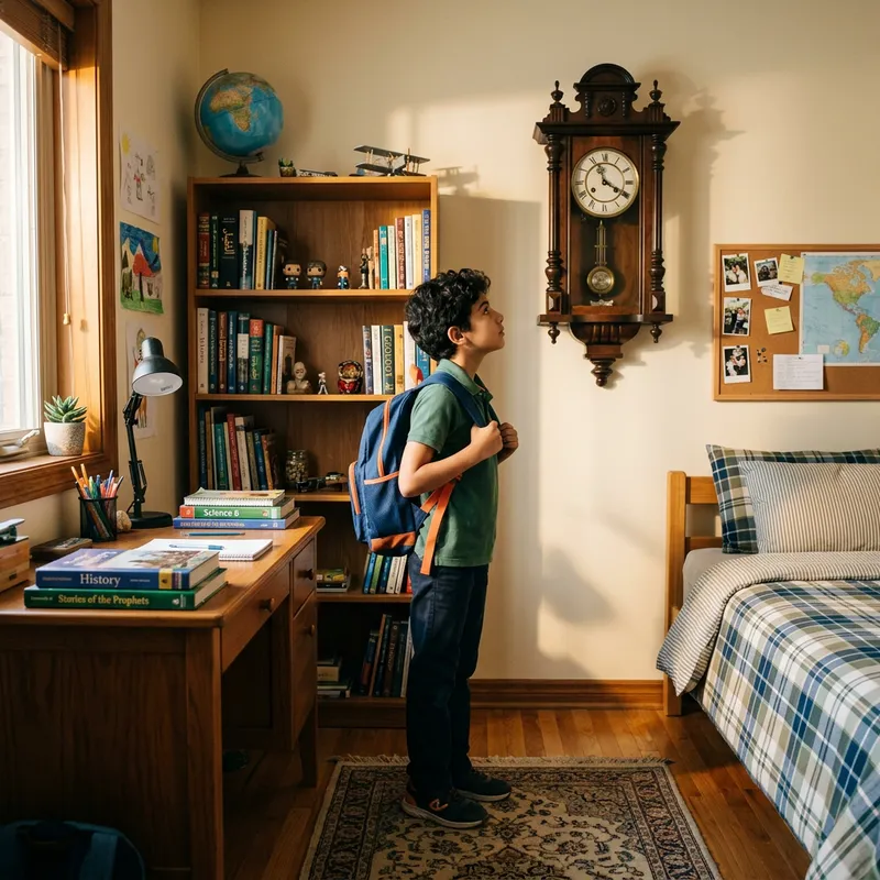 Middle-Eastern Boy in Neatly Organized Room with Antique Clock | Room Details Middle-Eastern Boy in Neatly Organized Room with Antique Clock | Room Details
