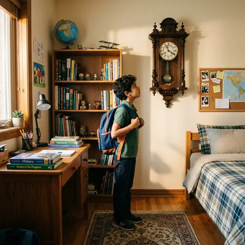Middle-Eastern Boy in Neatly Organized Room with Antique Wall Clock