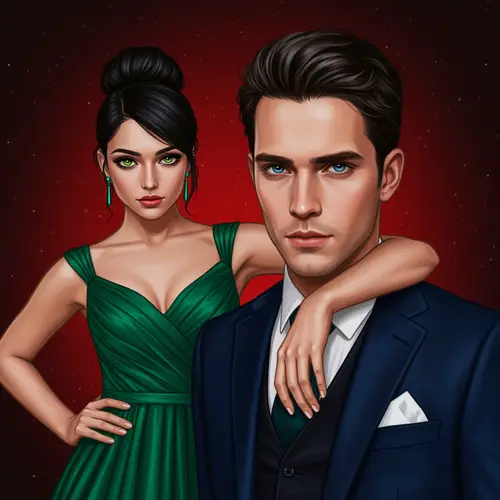 Elegant Couple in Emerald and Dark Suit