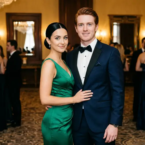 Elegant Couple in Emerald and Dark Suit