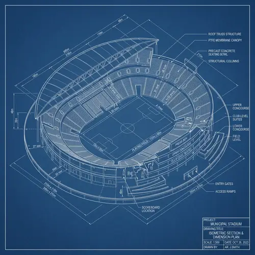 Detailed Architectural Stadium Blueprint | Isometric Design
