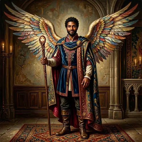 Intriguing Portrait of Gentle and Empathetic Man with Colorful Angel Wings