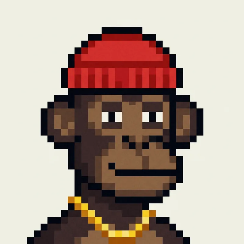 8-Bit Ape Portrait with Red Hat and Gold Chain 8-Bit Ape Portrait with Red Hat and Gold Chain