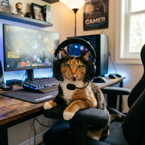 Calico Cat with Headset - Adorable Feline