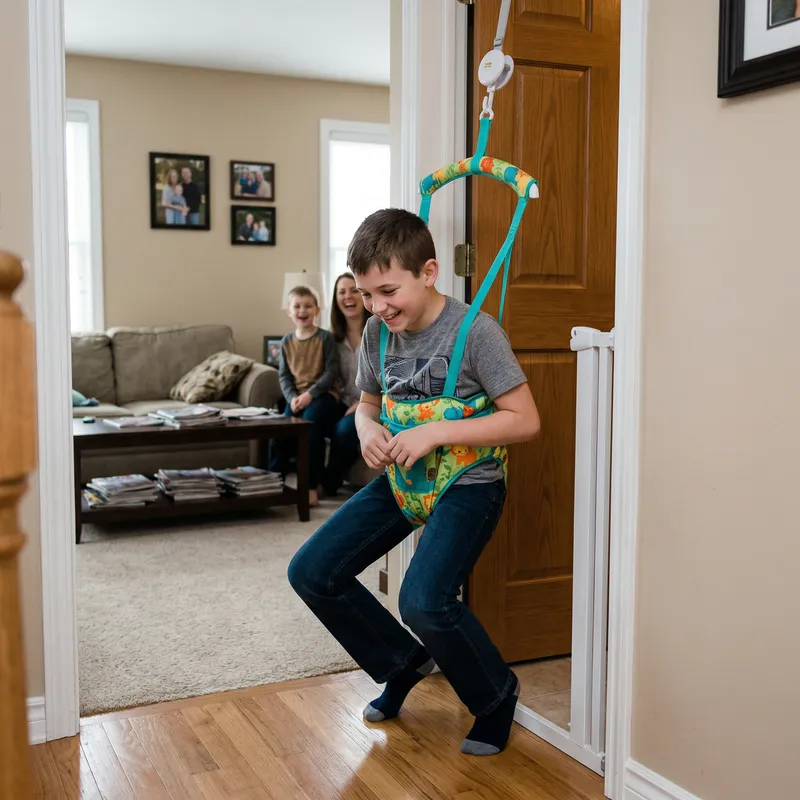 12-Year-Old Boy in Baby Doorway Bouncer