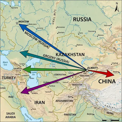 Almaty Map: Directions to Moscow, Grozny, Georgia, China & Turkey